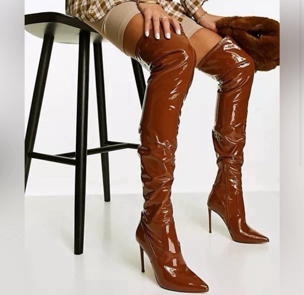 Steve Madden Cognac Patent Viktory Over the Knee Boots Pointed Toe Stiletto 9.5
